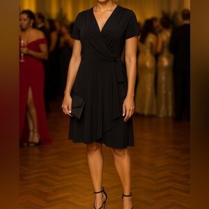 Vicky Tiel Jersey Knit Wrap Dress Medium Black Minimalist Little Black Dress